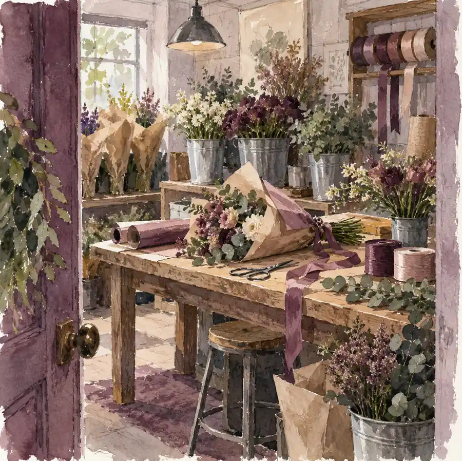 Illustration of floral businesses equipment and workspace